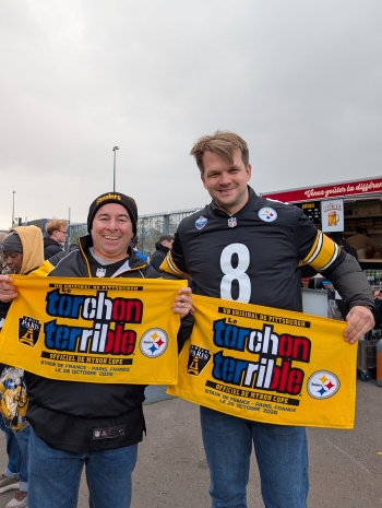 French Terrible Towels with new Steeler fan in Paris France 2026